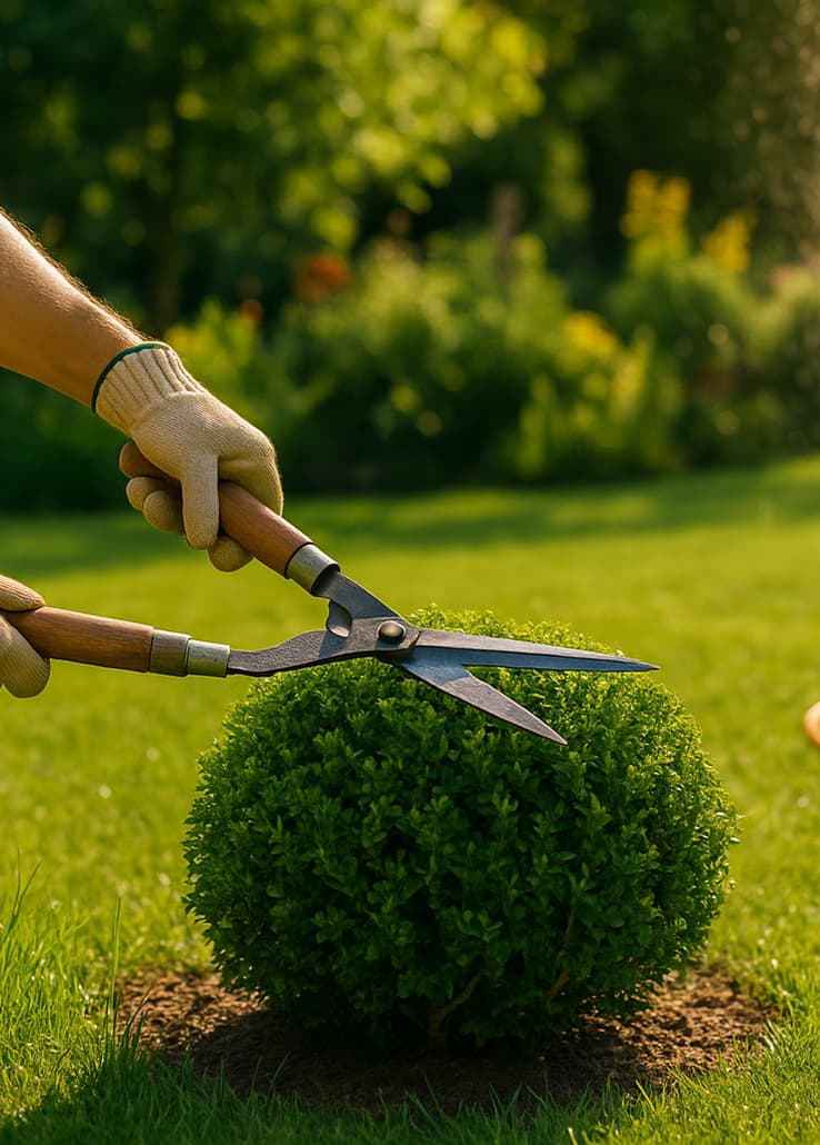 Formschnitt mit der Handschere auf gepflegtem Rasen – Gartenpflege von Hansehelden Grün